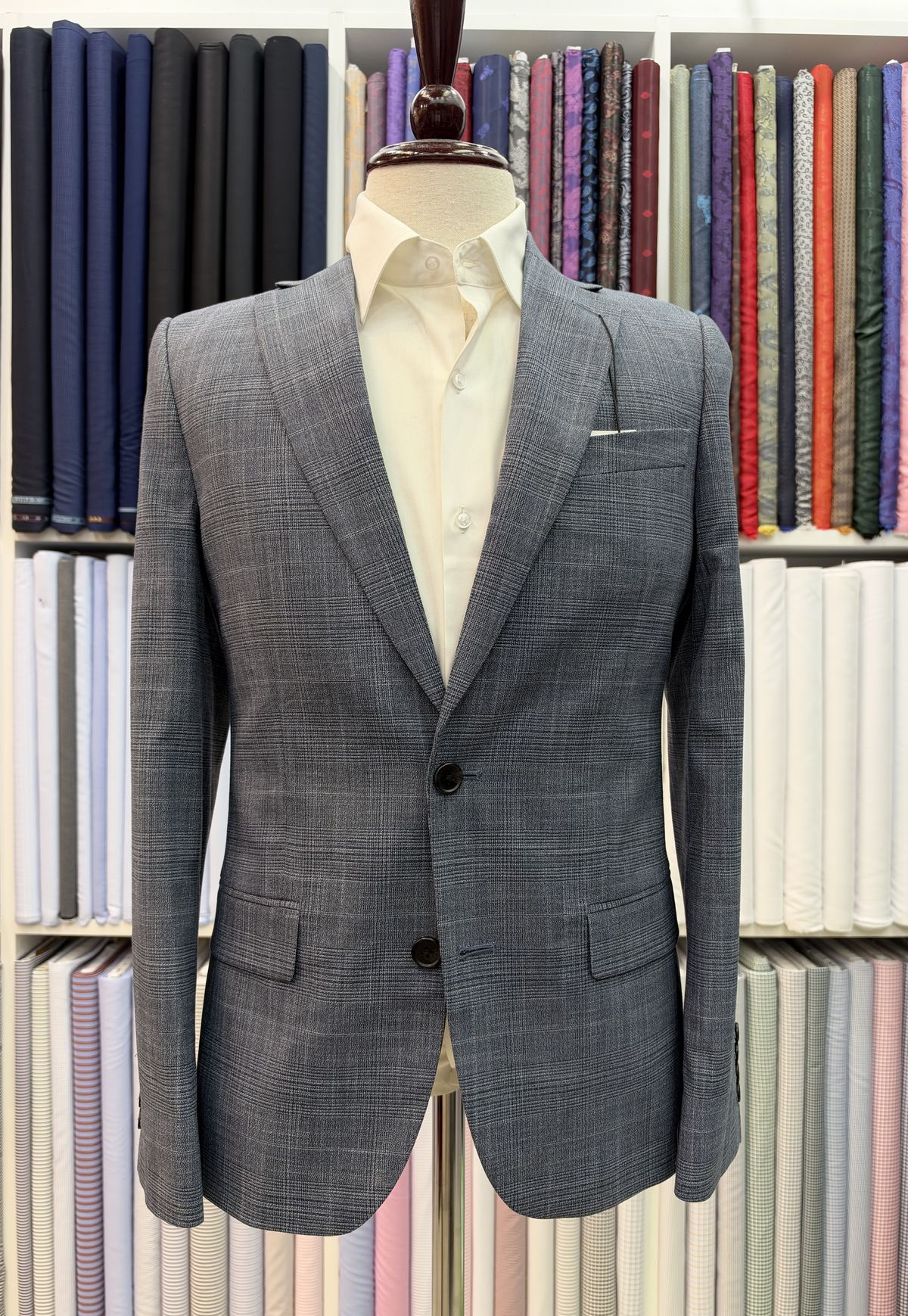 Grey check jacket with pocket square