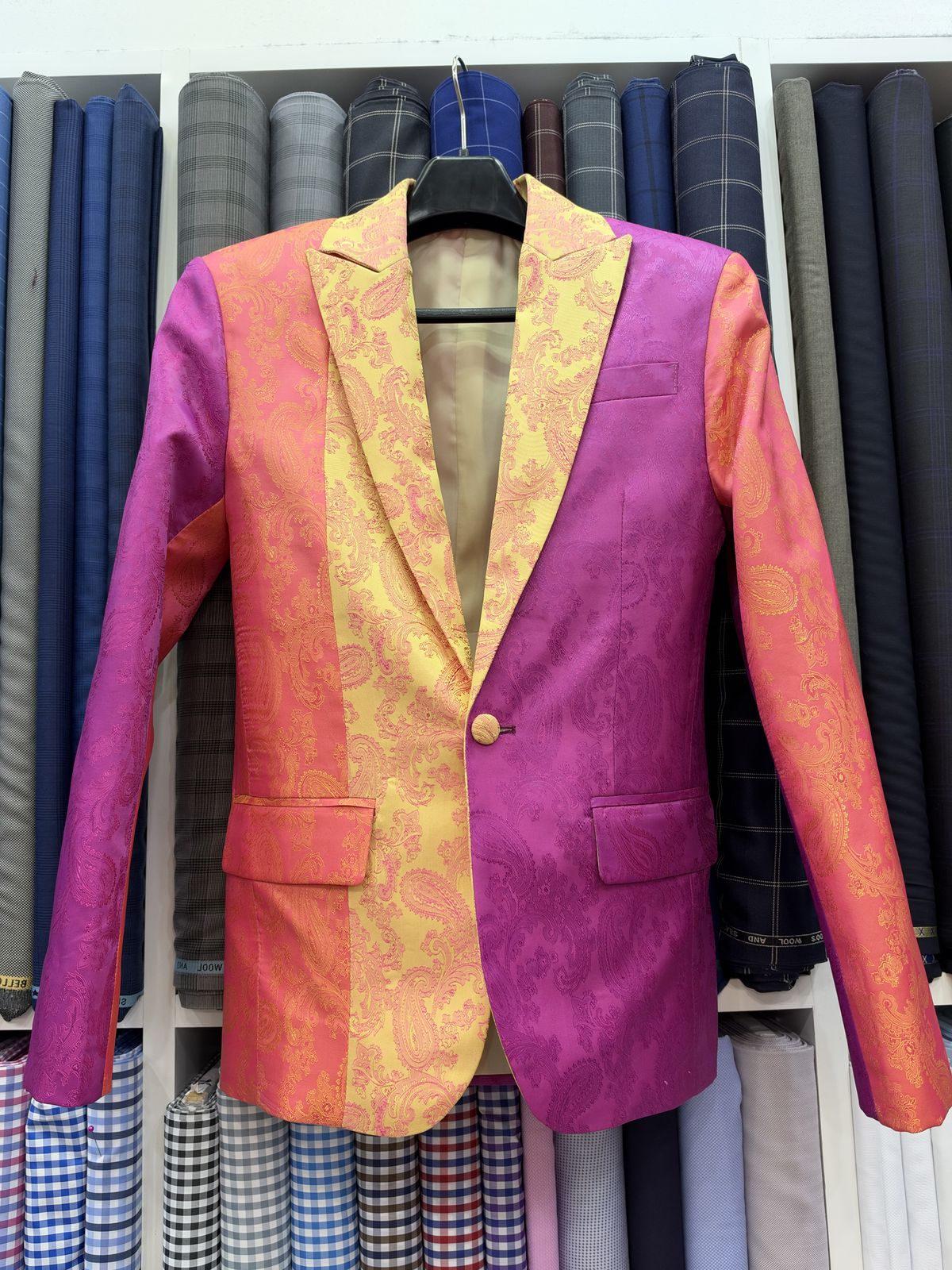 Occasion jacket in pink and gold paisley brocade with a gold lapel panel