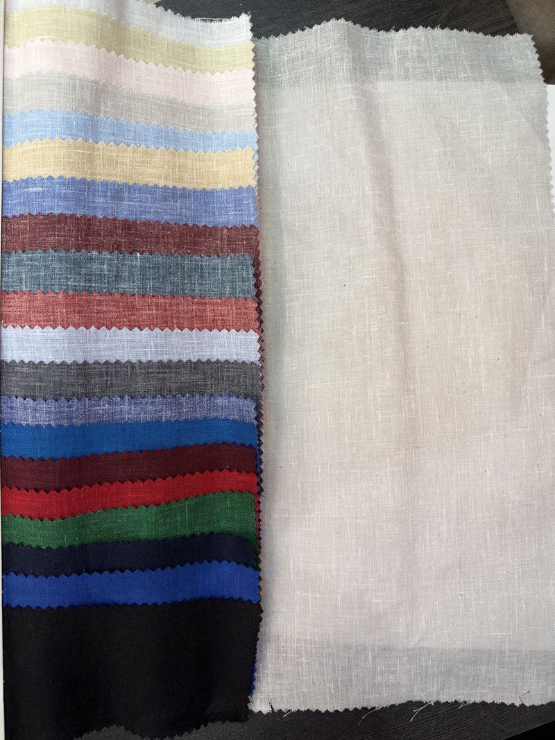 Strips of linen shirting in stripes and plain colours