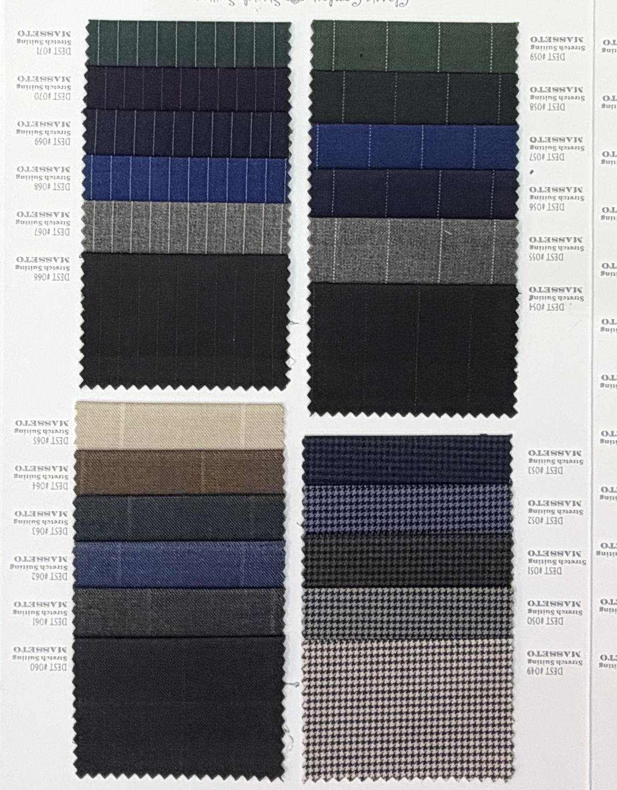 Pages of a suiting swatch book in stripes, checks and plains