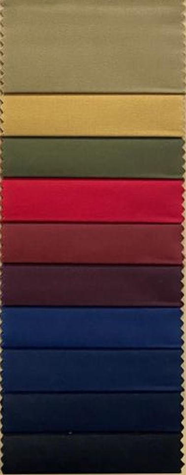 Stretch cotton chino swatches in khaki, mustard, olive, red, burgundy, navy and black