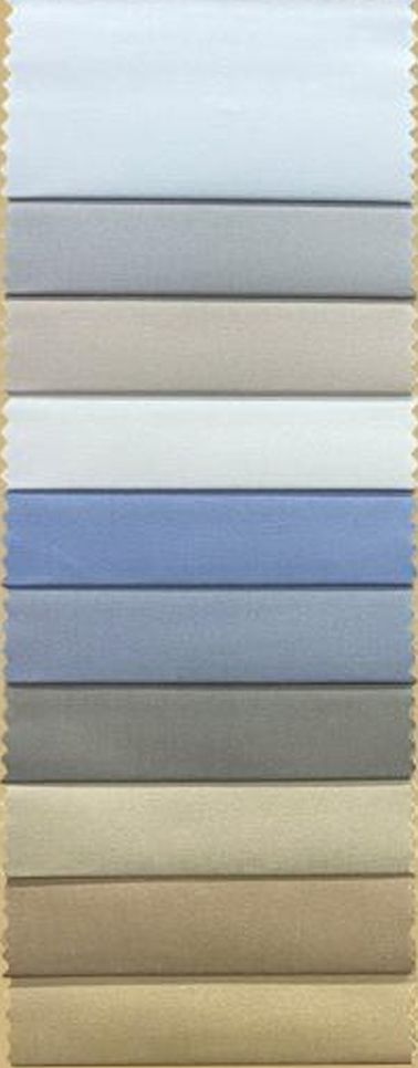Stretch cotton chino swatches in white, greys, stone, pale blue and khaki